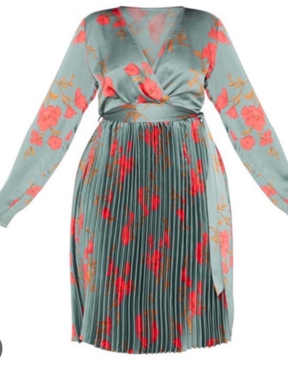 Floral Pleated Wrap Dress - Dark Green and Red Floral